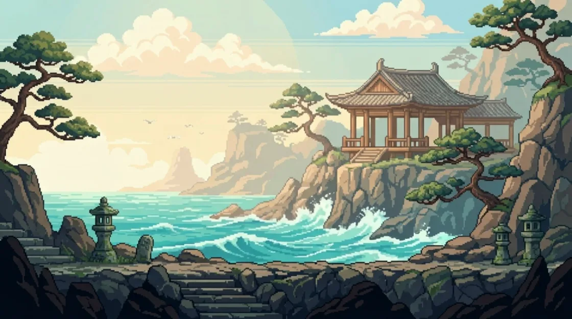 タムナの海辺の東屋 — 松と灯籠に囲まれた岩場の休憩所（ドット絵風）